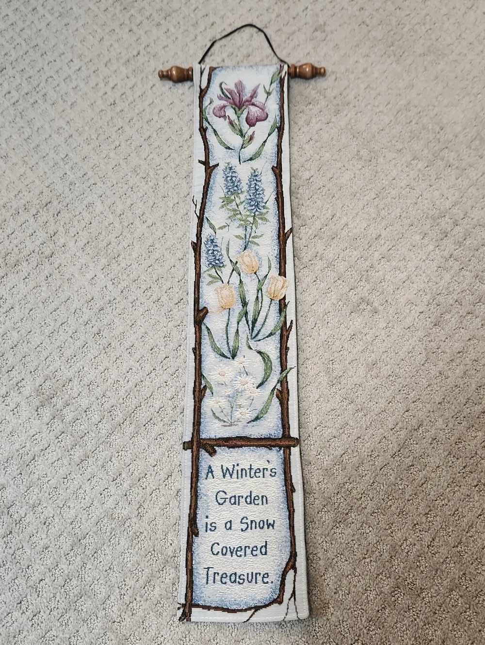 Floral Winter Garden Tapestry Wall Hanging - Blue and Cream Flowers